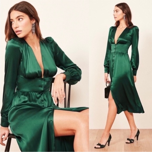 Reformation- NWT SZ 6 Nicola Green Silk Midi Dress Long Sleeves - Picture 2 of 6